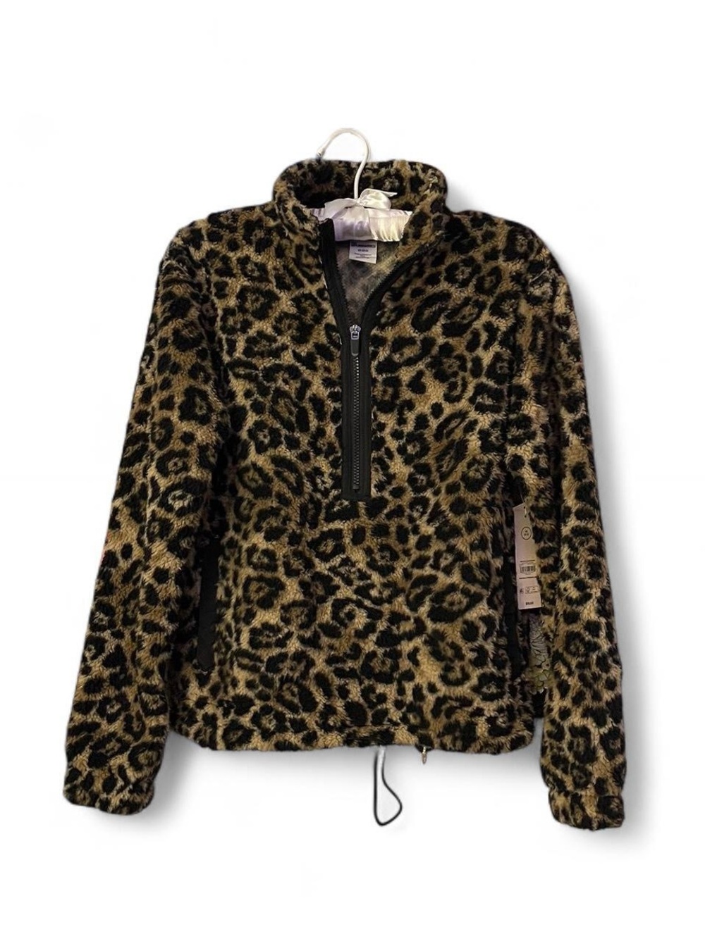 No Boundaries Leopard-Print Sherpa Half-Zip Jacket in Tan & Black